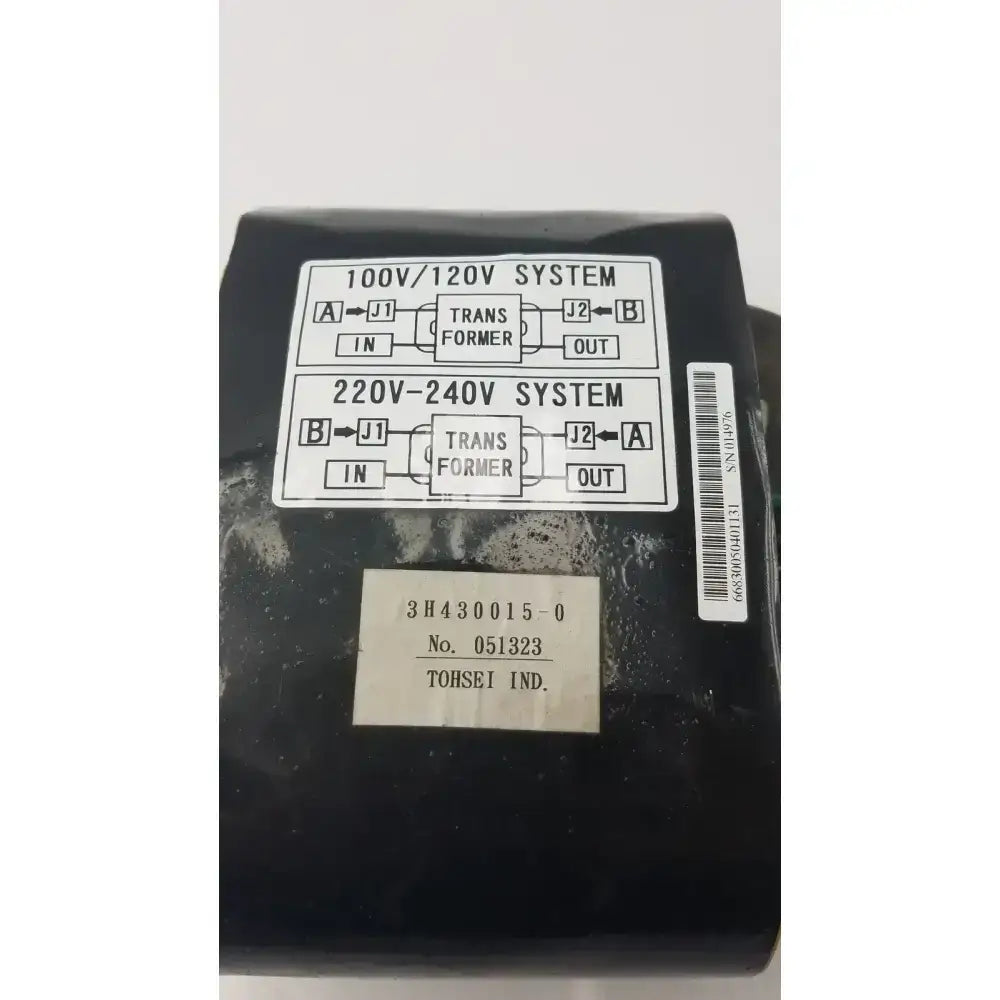 Black rectangular tohsei ind 3h30015-0 industrial transformer with labeled voltage diagrams and serial number for 220v-240v system