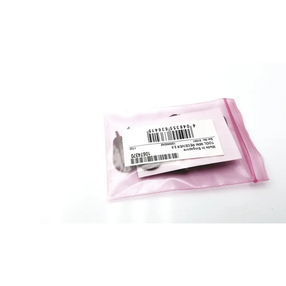 Silver-colored metal tool mini receiver 2.0 in a pink plastic bag with barcode label for tool mini use