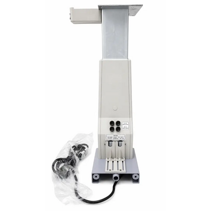 Gray industrial-grade vertical lift mechanism with metal frame and control panel in topcon ait-16 biomed certified instrument table
