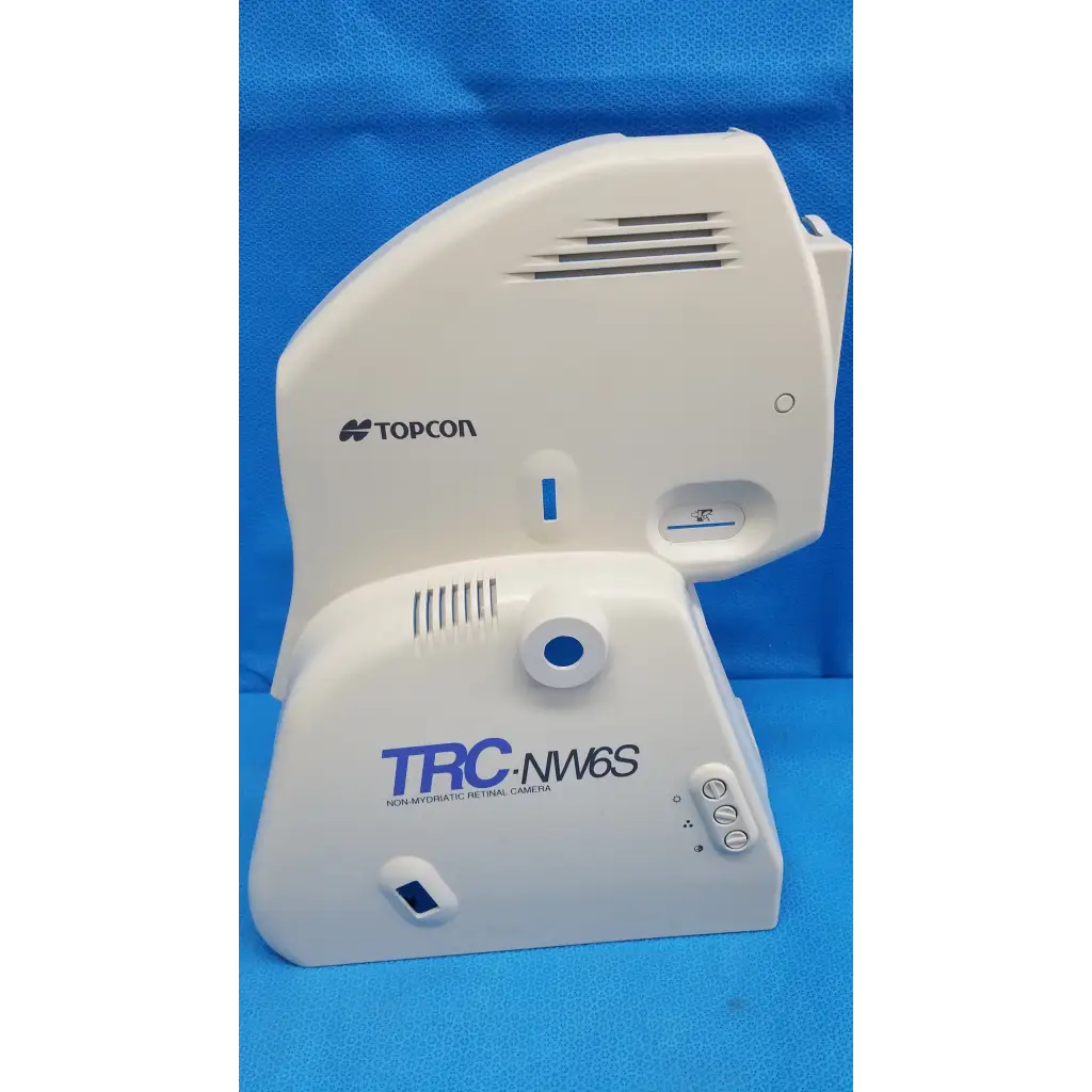 White plastic housing body shroud cover panel with blue accents and buttons for topcon trc-nw6s nonmydriatic retinal camera