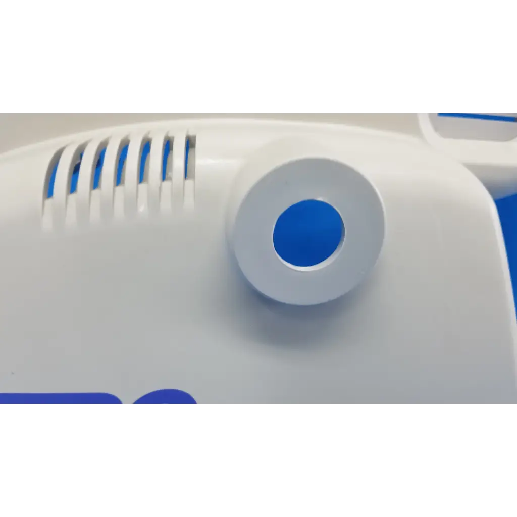 White and blue plastic housing body shroud with circular button for topcon trc-nw6s retinal camera side panel