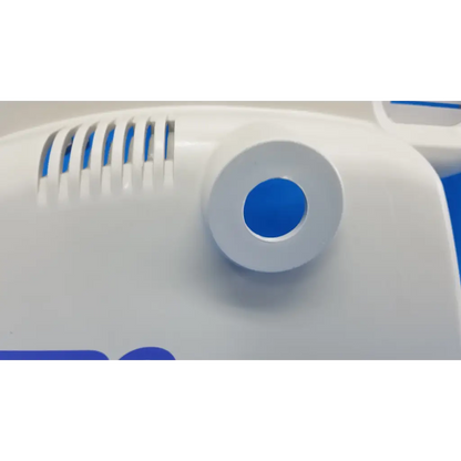 White and blue plastic housing body shroud with circular button for topcon trc-nw6s retinal camera side panel