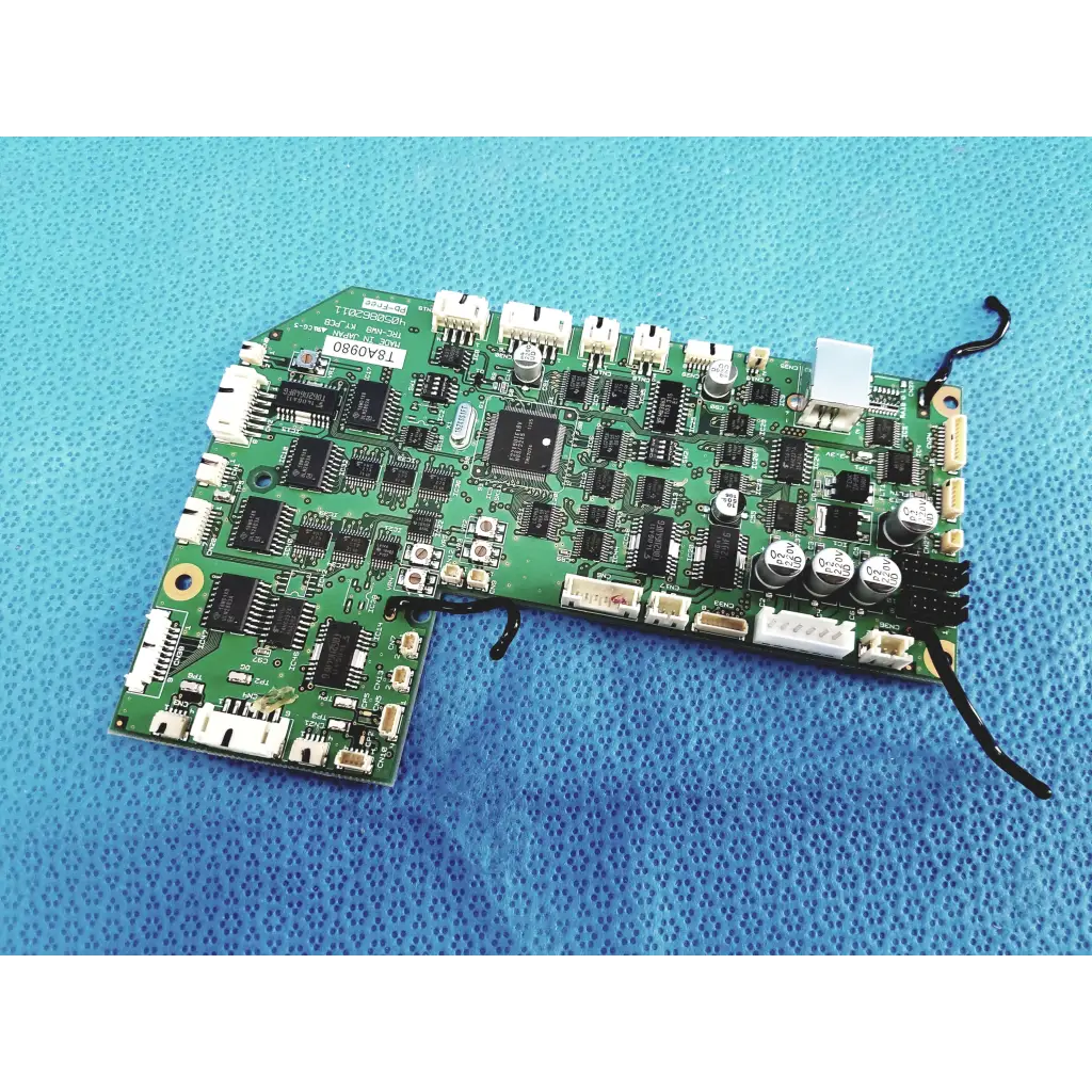 Topcon trc-nw8 ky green pcb control circuit board with black integrated circuits and white connectors for precise control