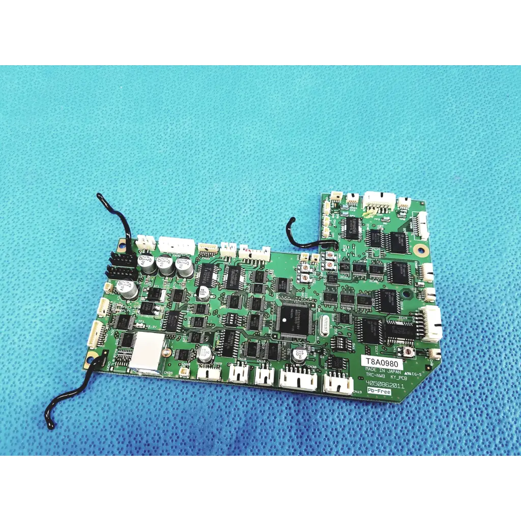 Topcon trc-nw8 ky green pcb control circuit board with black integrated circuits and white connectors 4050862011 t8a0980