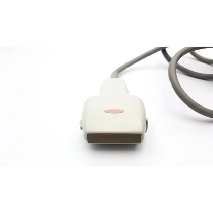Cream-colored Toshiba PLT-704AT linear array ultrasound transducer with matte finish and pink accent connected to gray cable