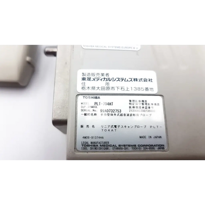 Toshiba plt-704at linear array ultrasound transducer label with black text on white background for medical use