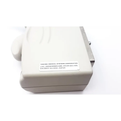Beige Toshiba PLT-704AT linear array ultrasound transducer with silver metallic side panel and wave-like embossed texture