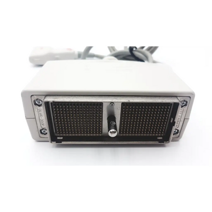 Gray plastic toshiba plt-805at linear array ultrasound transducer with two black mesh panels and central silver screw