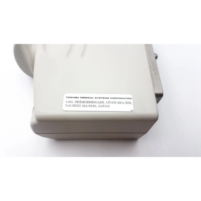 Beige toshiba pvt-382bt transducer ultrasound probe with silver label showing manufacturer and address details