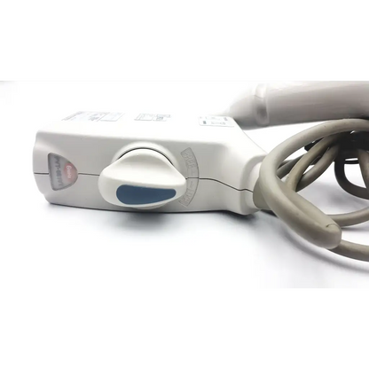 Toshiba pvt-661vt ultrasound probe transducer with white plastic body, blue control knob, and coiled gray cable