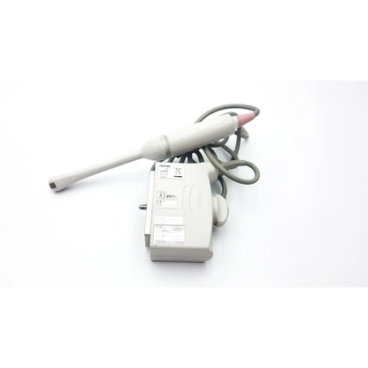 Gray toshiba pvt-661vt ultrasound probe transducer with pink-tipped probe and coiled gray cable for medical imaging