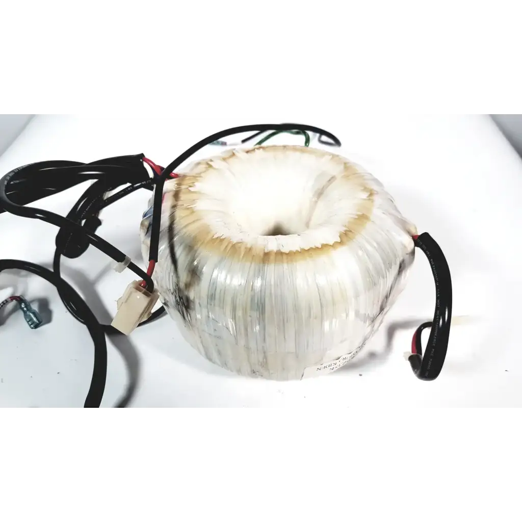 A white cylindrical toshiba transformer bsm31-4471e with ribbed surface and black wiring for xario ultrasound systems