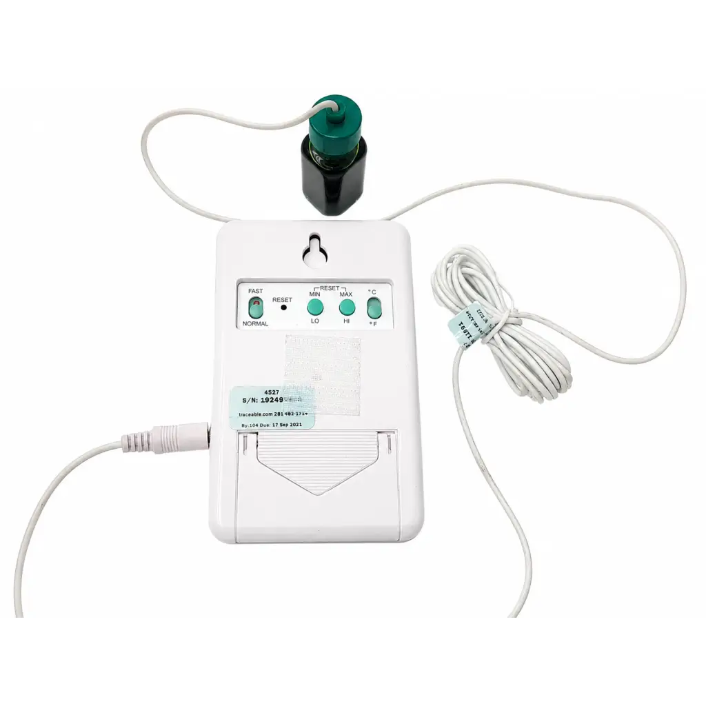 Traceable 4527 digital temperature monitor with white plastic body green buttons and black green capped sensor unit