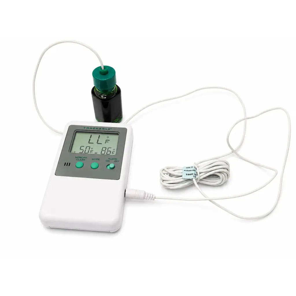 White thacarlet digital temperature monitor with green buttons and black probe bottle attached by white cable biomed certified