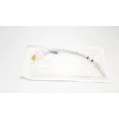 Clear plastic tracheal tube cuffed 6.0 mm with yellow connector and black markings in sterile white foil packaging