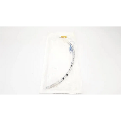 Clear plastic tracheal tube cuffed 6.0 mm with yellow and blue connector in sterile white packaging