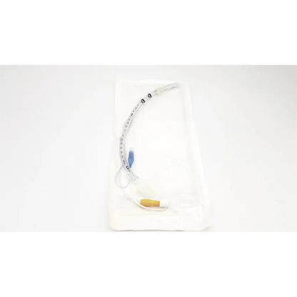 Clear plastic tracheal tube cuffed 6.0 mm with blue and yellow connectors and measurement markers