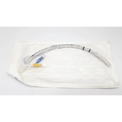 Clear plastic tracheal tube cuffed murphy eye 7.0mm with blue and yellow connectors in sterile white pouch