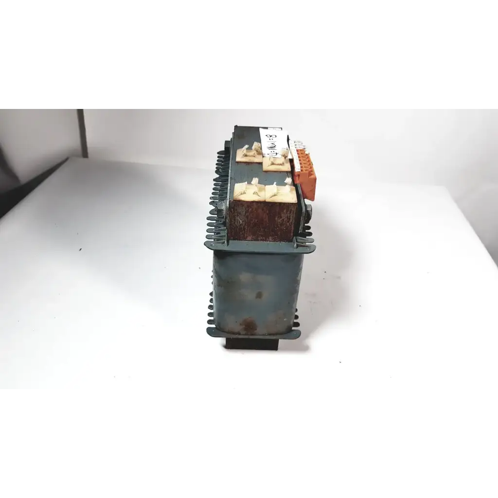 Rusty green metal trafo jordi ch-4950 huttwil transformer with orange terminal blocks and beige insulating caps
