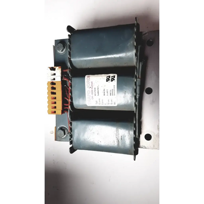 Gray metal trafo jordi ch-4950 huttwil transformer with two cylindrical coils and specification label visible
