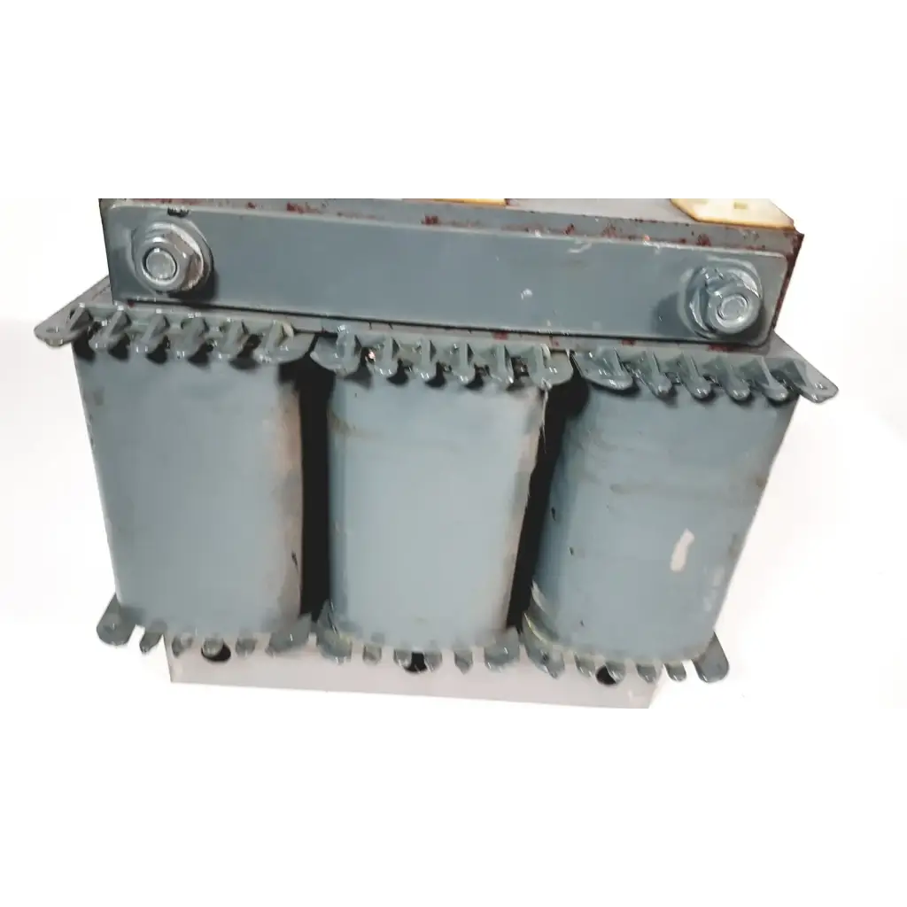 Gray trafo jordi ch-4950 huttwil transformer with three cylindrical cores and bolted metal casing industrial design