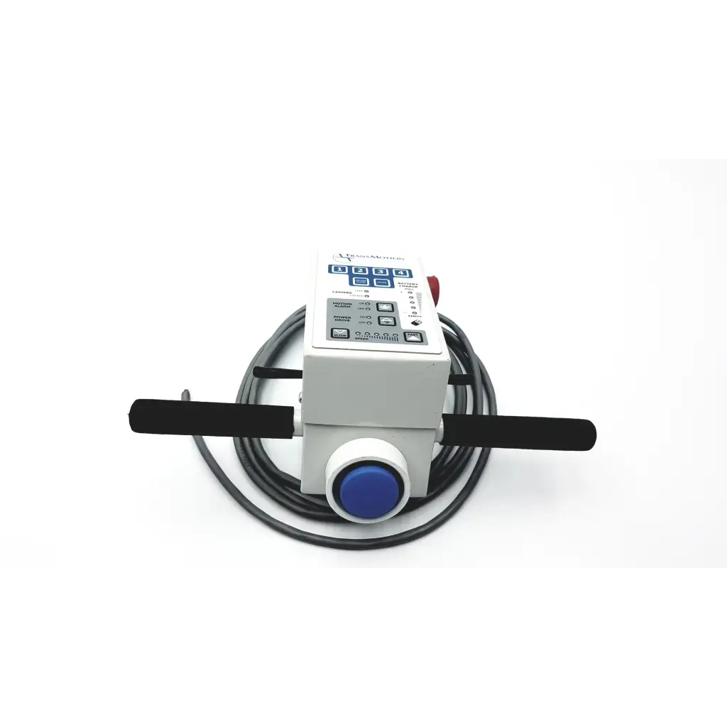 White transmotion medical control box 58311-001 rev h with blue push button black handles and coiled cable at base