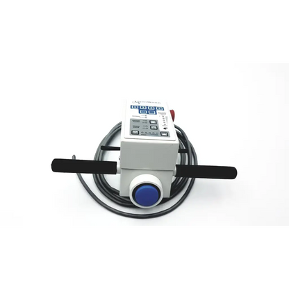 White transmotion medical control box 58311-001 rev h with blue push button black handles and coiled cable at base