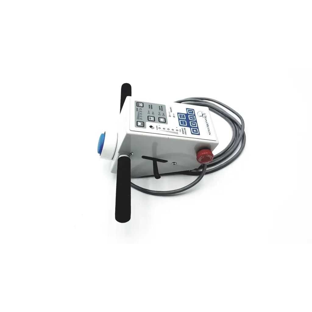 White industrial transmotion medical control box 58311-001 rev h with blue knob black handle and red emergency stop button
