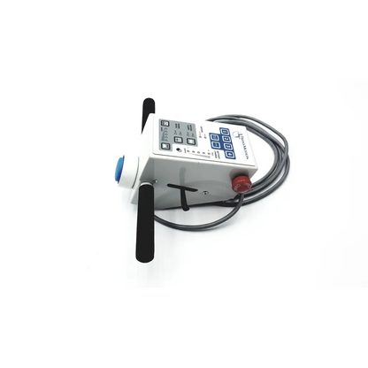 White industrial transmotion medical control box 58311-001 rev h with blue knob black handle and red emergency stop button