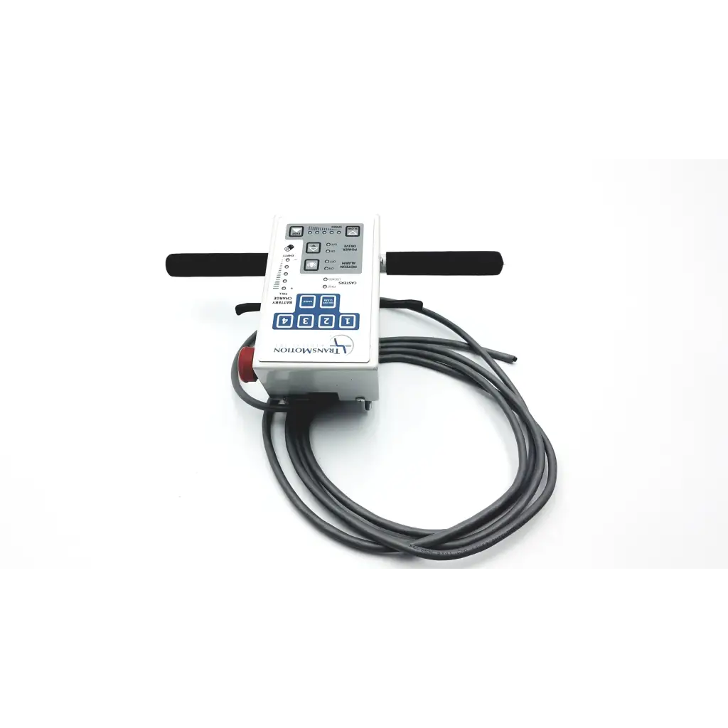 White rectangular transmotion medical control box 58311-001 rev h with black handles coiled cable and blue keypad