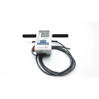 White rectangular transmotion medical control box 58311-001 rev h with black handles coiled cable and blue keypad