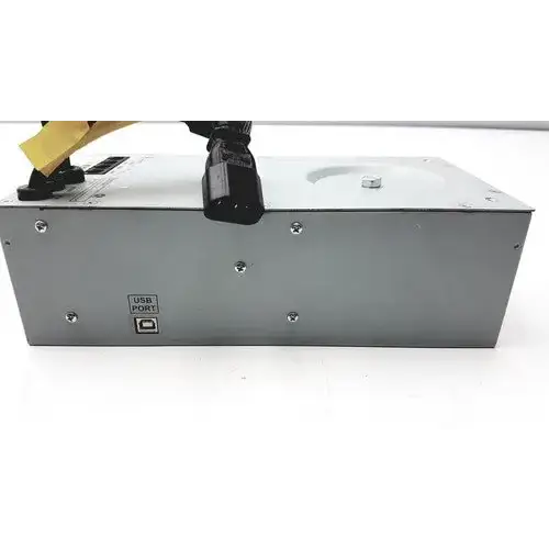 Silver metallic tripp lite hc150sl medical cart power supply unit with black ac input plug and labeled usb port backside