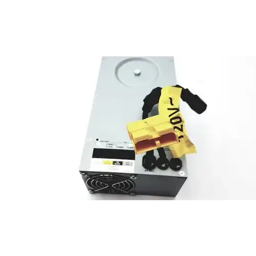 Silver metallic tripp lite hc150sl medical cart power supply with black fan grille and yellow 20v connector attached