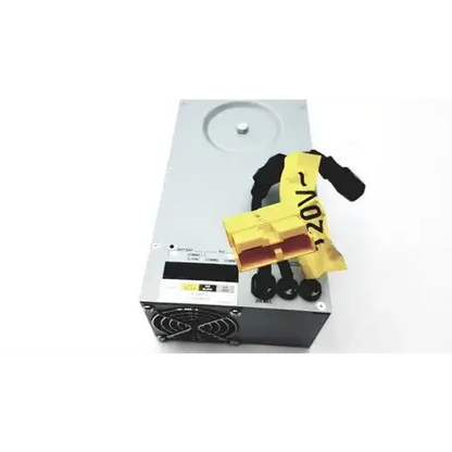 Silver metallic tripp lite hc150sl medical cart power supply with black fan grille and yellow 20v connector attached