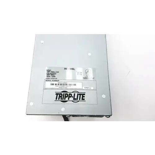 Silver metal tripp lite hc150sl medical cart power supply unit with matte finish and printed labels