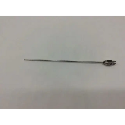 A slender metallic byron infiltration cannula with polished chrome finish and hexagonal threaded tip for precise use