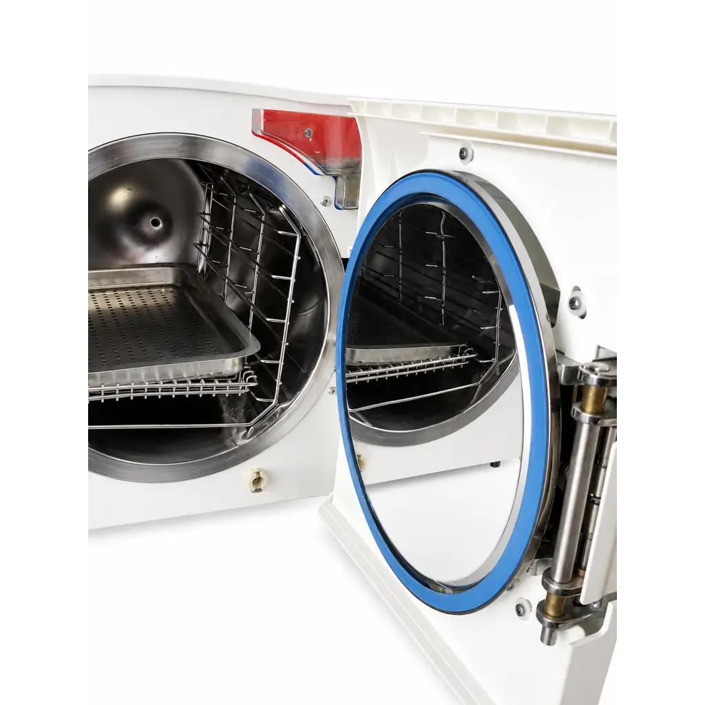 Tuttnauer ez11 plus biomed certified white autoclave steam sterilizer with two circular doors and stainless steel racks