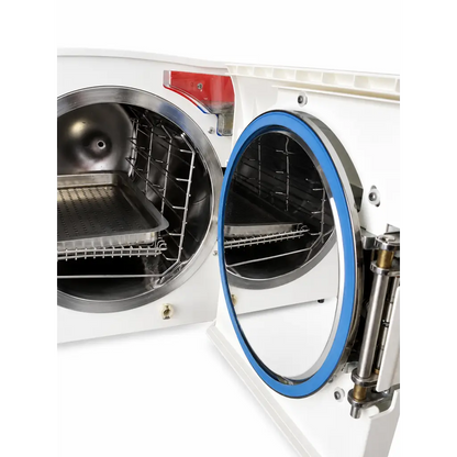 Tuttnauer ez11 plus biomed certified white autoclave steam sterilizer with two circular doors and stainless steel racks