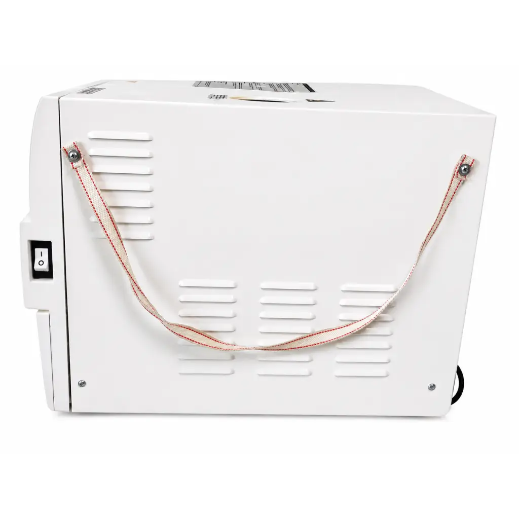 White rectangular Tuttnauer EZ11 Plus autoclave steam sterilizer with red beige striped carrying strap biomed certified