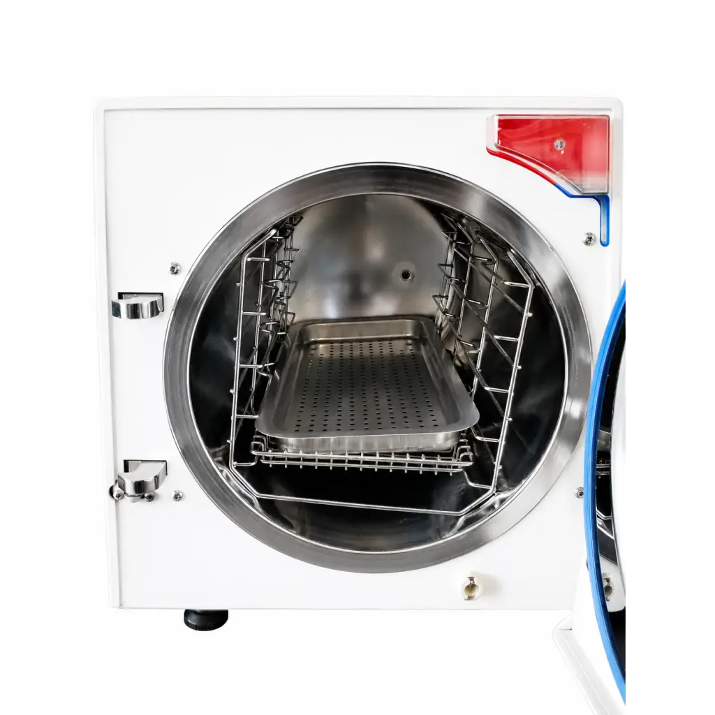Tuttnauer ez11 plus biomed certified white steam sterilizer with circular stainless steel door and perforated tray