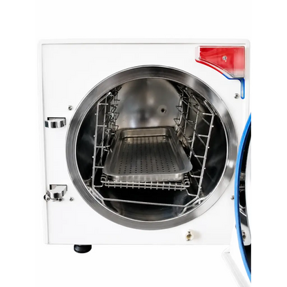 Tuttnauer ez11 plus biomed certified white steam sterilizer with circular stainless steel door and perforated tray