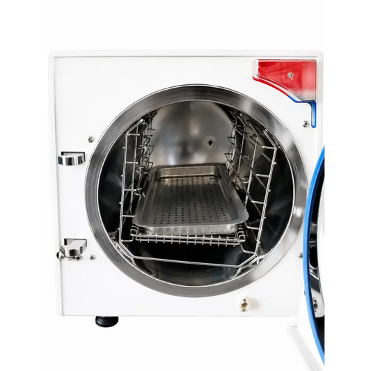 Tuttnauer ez11 plus biomed certified white steam sterilizer with circular stainless steel door and perforated tray