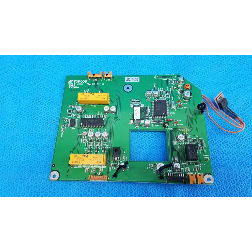 Green topcon j5j0420 video interface circuit board with yellow relays and black ICs for retinal camera use