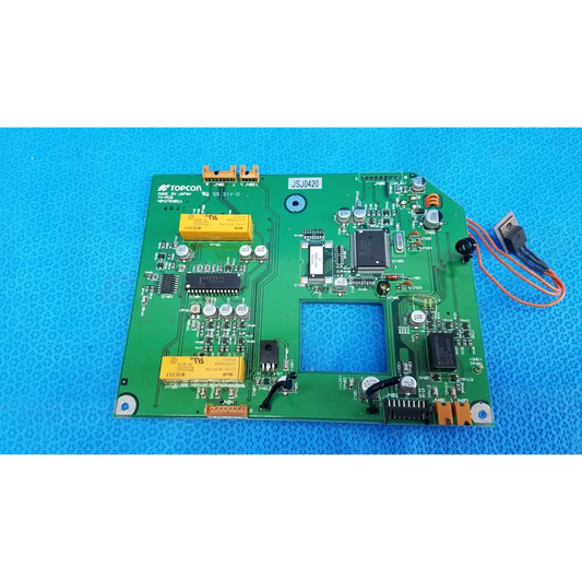 Green topcon j5j0420 video interface circuit board with yellow relays and black ICs for retinal camera use