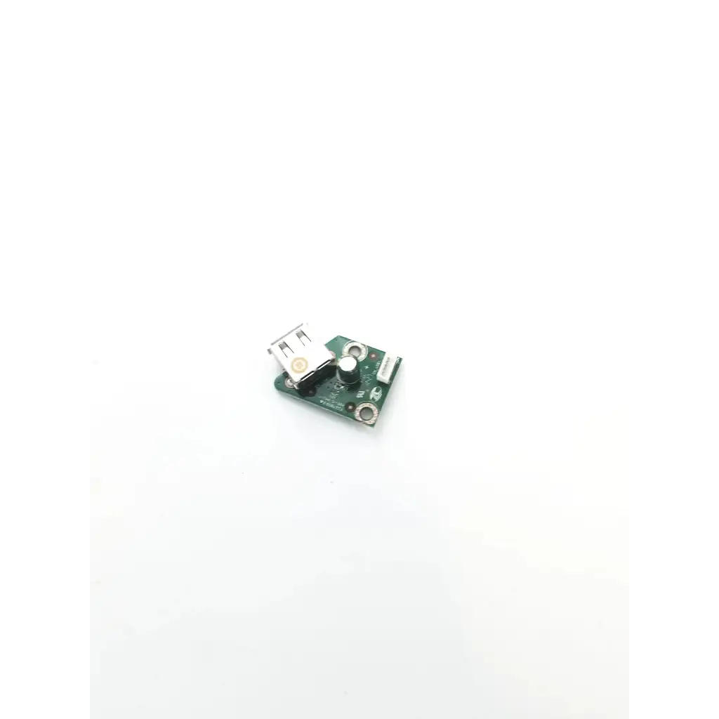 Green circuit board with silver usb port and black components of tyco electronics usb stick board e011688