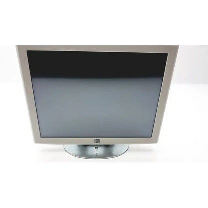 Silver-framed tyco elo touch screen monitor with sleek minimalist design and circular base resistive touch screen