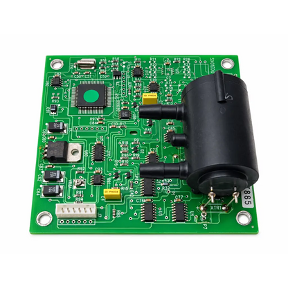 Green ultrasonic oxygen module pcb board with black cylindrical component and various electronic parts model 30-00600-30 rev c