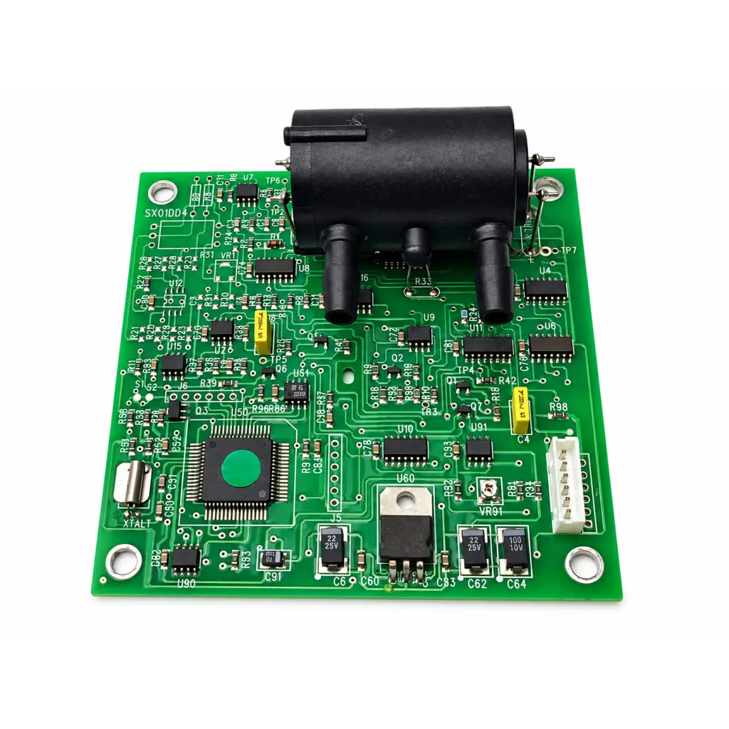 Green printed circuit board with black components and central green chip for ultrasonic oxygen module pcb board rev c