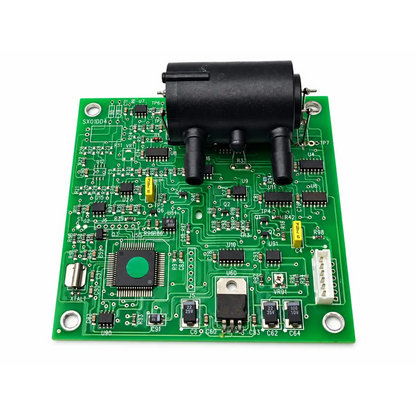 Green printed circuit board with black components and central green chip for ultrasonic oxygen module pcb board rev c