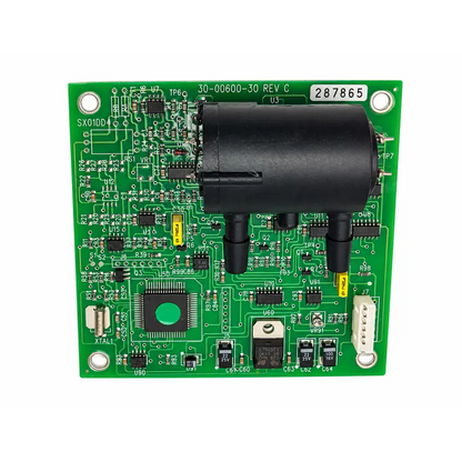 Green ultrasonic oxygen module pcb board 30-00600-30 rev c with black cylindrical component and electronic parts